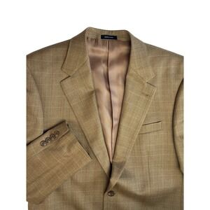 Lauren Ralph Lauren Blazer Mens 40 L Wool Silk Tan Windowpane Plaid Academia